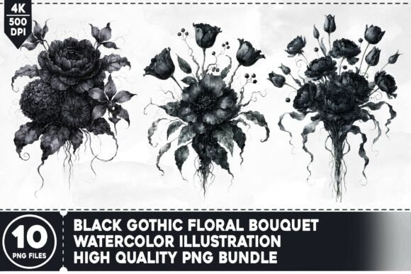 Black Gothic Floral Bouquet PNG Bundle