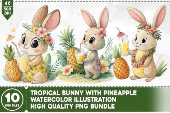 Elevating Digital Design Workflows with the Tropical Bunny with Pineapple PNG Bundle