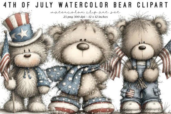 Enhancing Patriotic Designs with 4th of July Watercolor Bear Clipart