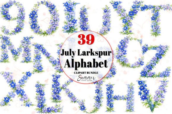 July Larkspur Floral Alphabet Clipart