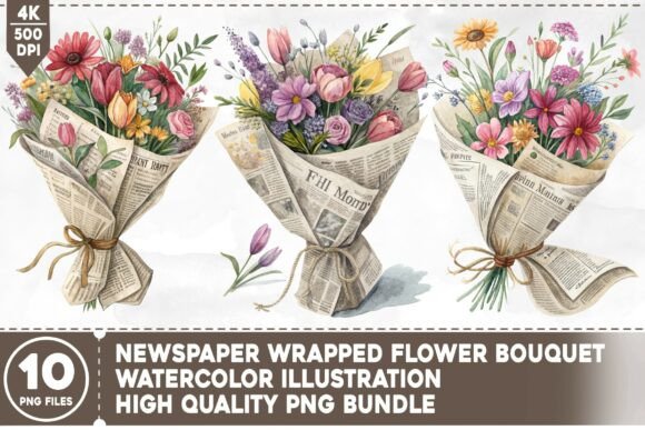Newspaper Wrapped Flower Bouquet PNG: Elevating Digital Design with Vintage Charm