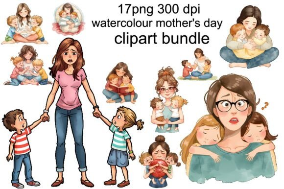 Watercolor Mom Life Clipart Bundle Png